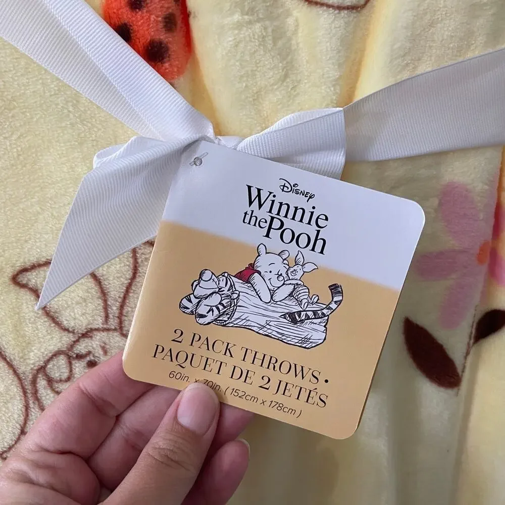 Disney Winnie the Pooh Throws Green Yellow Blankets 2 pieces NEW Super Soft